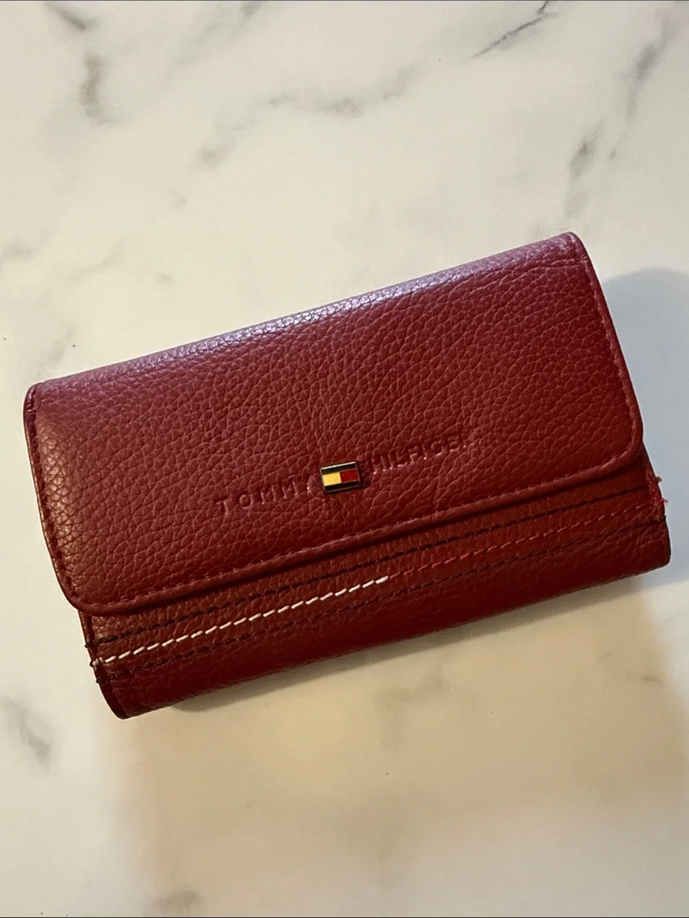 Tommy Hilfiger Burgundy Pebbled Leather Trifold Card Holder